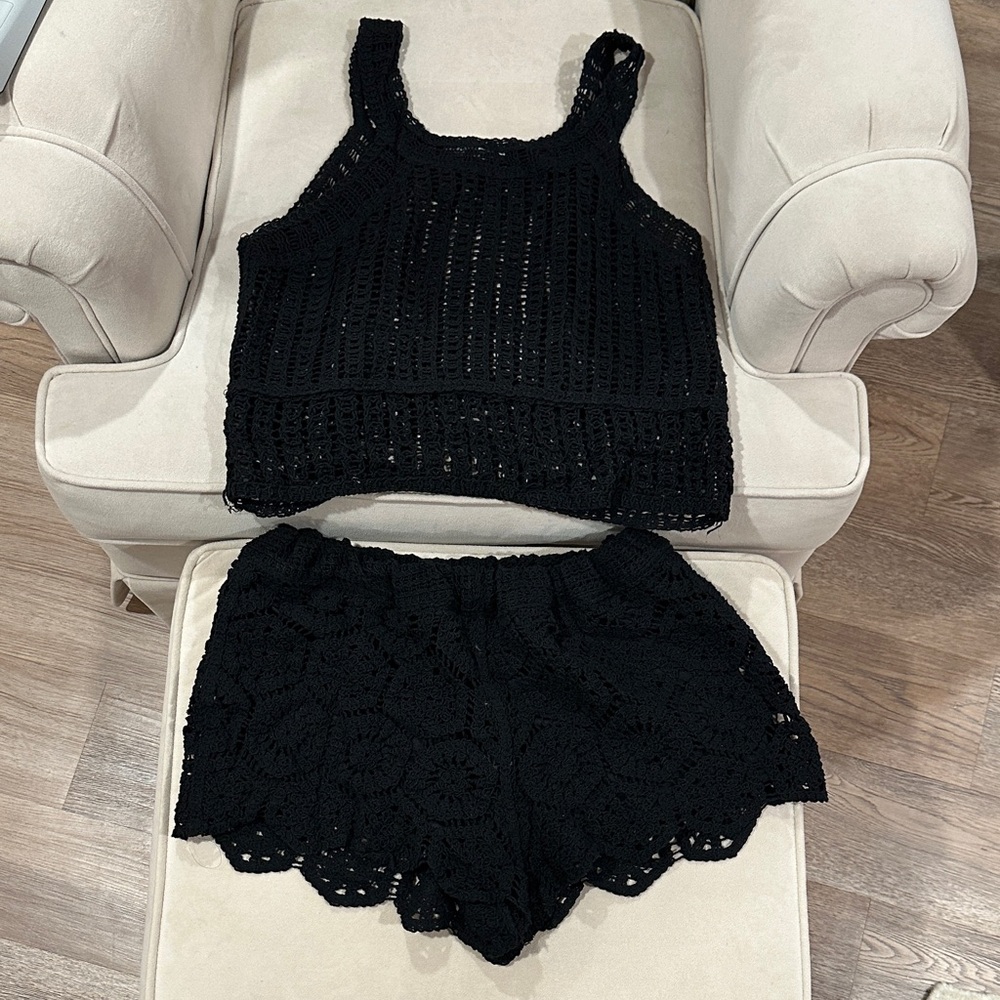 Black Crochet Shorts Set - Women